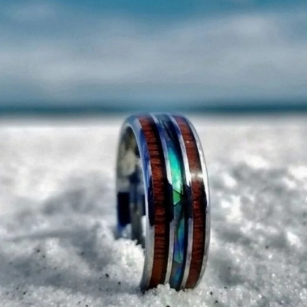 Unisex Tungsten Hawaiian KOA Wood Abalone Ring